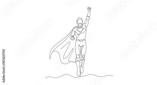 Dynamic single line drawing of a superhero in flight with cape flowing and fist raised in victory against a white background