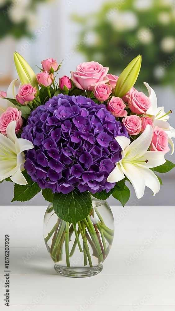 Obraz premium Elegant bouquet of pink roses, purple hydrangeas, and white lilies in a glass vase