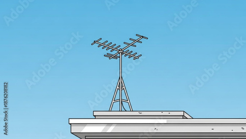 Outdoor television antenna on a rooftop against a clear blue sky retro broadcasting technology for analog signal reception vector illustration
