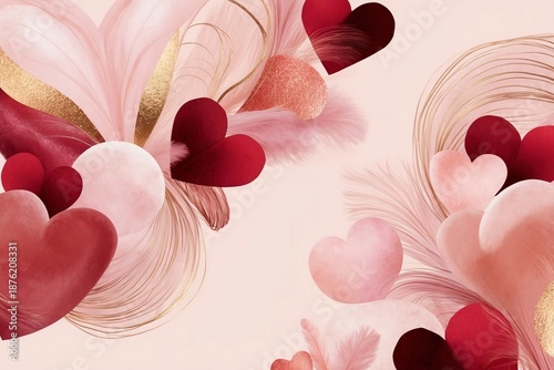 Wallpaper Mural Valentine day artistic background showcasing pink and red hearts elegant golden swirling lines and soft feathers on a light backdrop Torontodigital.ca