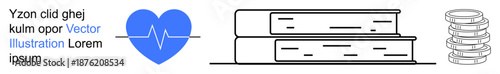 Education, health monitoring, financial management, academic research, economic stability, knowledge sharing. A blue heart with a heartbeat line, books coin stack. Health monitoring and education