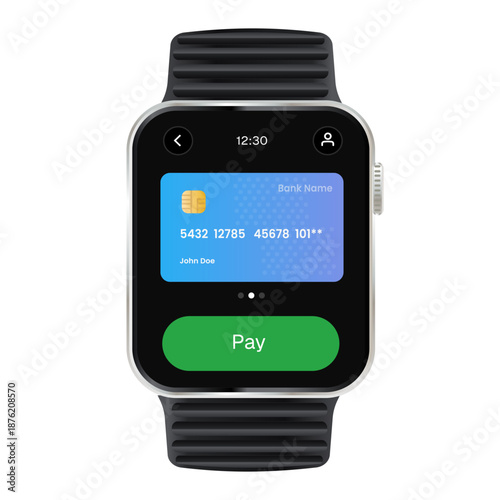 smartwatch contactless mobile payment interface with digital credit card and green pay button wearable technology concept for banking finance and nfc transaction app design mockup