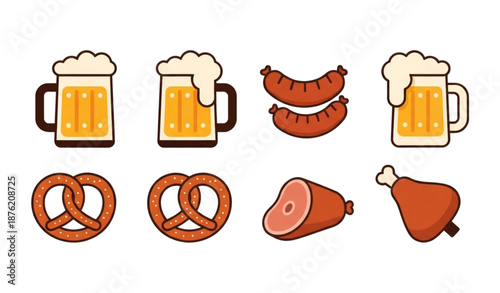Modern flat Oktoberfest food icons beer pretzel sausage