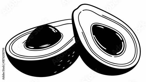 Two halved avocados with pits are illustrated in a simple black and white graphic style on a plain white background