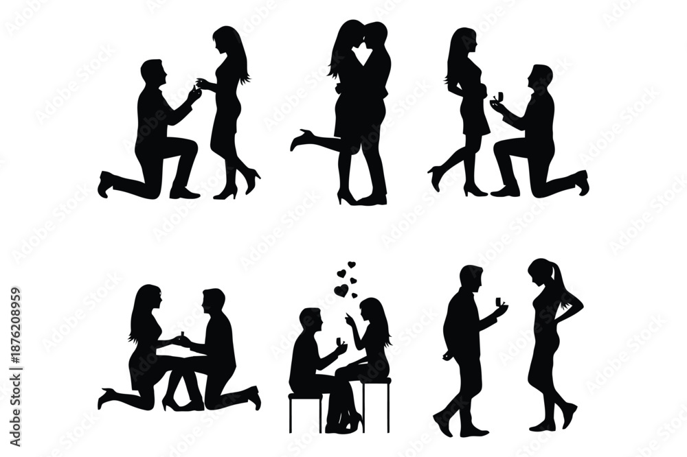 Obraz premium Illustration of silhouette of romantic proposal scenes with couples in various poses