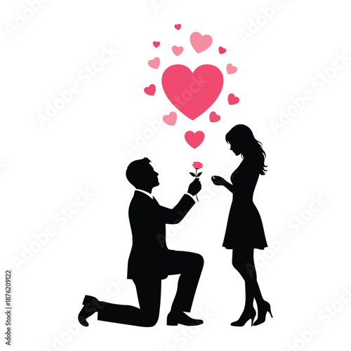 Illustration of man proposing to woman with hearts and a rose