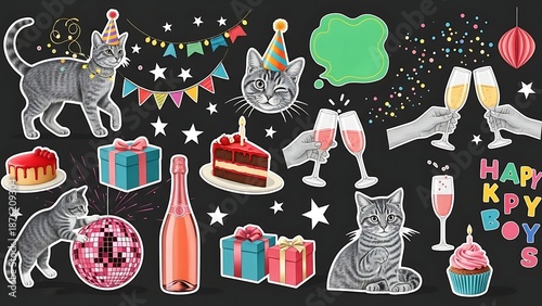 Birthday Celebration Elements with Cats and Gifts on Black Background.