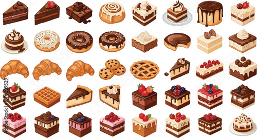 Dessert and bakery sweets illustration set, cakes donuts pastries chocolate treats, delicious food icons isolated