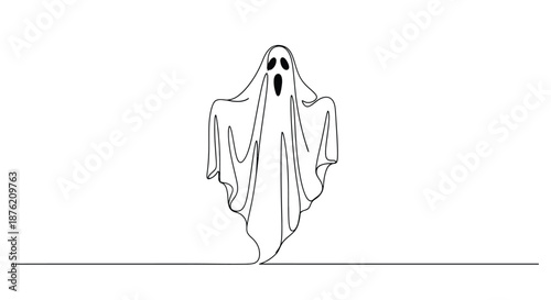 Spooky hand drawn outline of a ghost with a scary face floating on a white background minimalist style