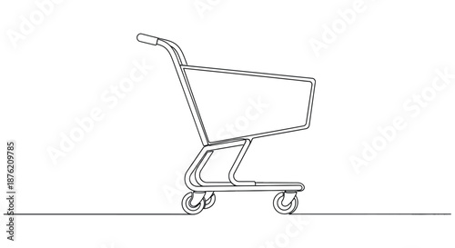 Minimalist single line drawing of a shopping cart on a white background representing commerce and retail with a clean aesthetic