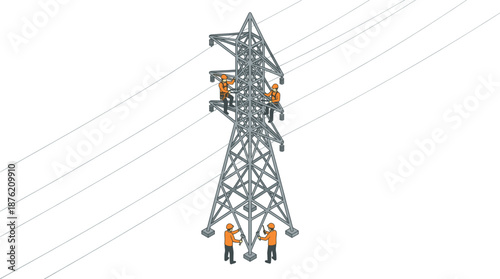 Isometric power transmission tower illustration, utility workers maintaining high voltage lines, electricity grid infrastructure maintenance isolated vector design
