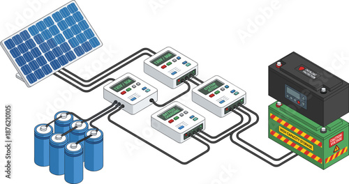 Isometric solar power system illustration diagram, photovoltaic panels charge controllers batteries wiring renewable energy storage setup isolated vector