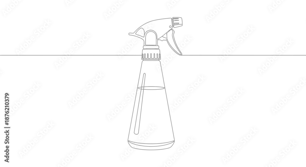 Obraz premium Simple line drawing of a spray bottle with trigger mechanism on a white background representing cleaning and household tasks