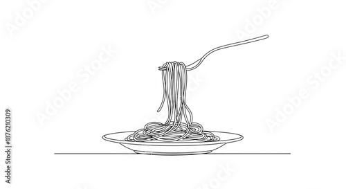 Minimalist black and white line drawing of a fork twirling spaghetti noodles from a plate against a white background
