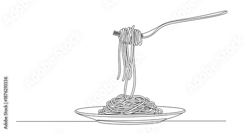 Artistic sketch of a fork lifting a tall strand of spaghetti from a plate creating a dramatic food art illustration