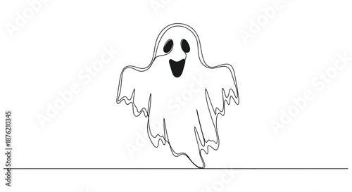 A hand drawn sketch of a spooky open mouthed ghost character with large eyes floating against a white background