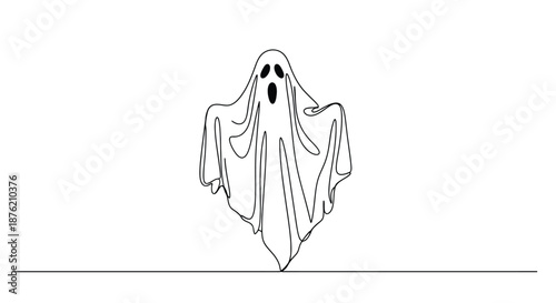 A simple line drawing of a spooky ghost with a gaping mouth and hollow eyes floating against a white background