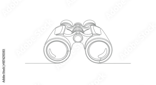 Minimalist line drawing of classic binoculars viewed from the front on a clean white background symbolizing exploration and discovery