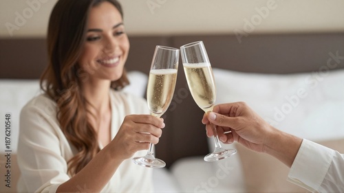 A young Hispanic woman with long brown hair smiles while toasting with a glass of champagne. A hand reaches in from the side holding another glass.