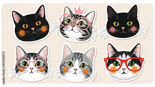 Collection of Six Adorable Cat Faces with Different Expressions and Styles.