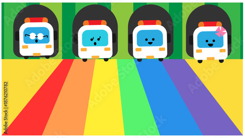 レインボーカラーの道に並ぶかわいい救急車のキャラクターイラスト