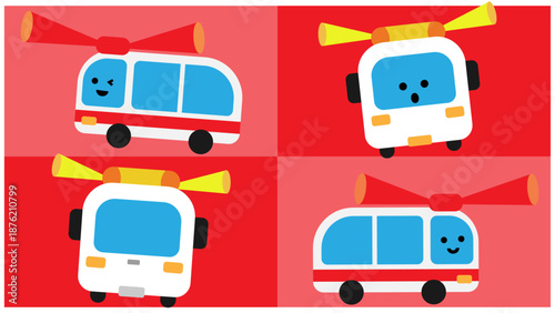 いろいろな角度のかわいい救急車キャラクターイラストセット