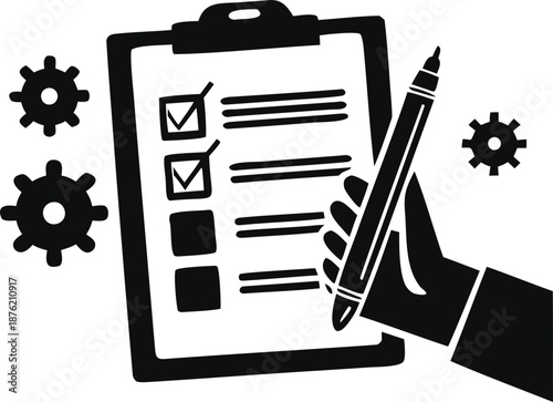Hand holding pen checking clipboard with gear icons around