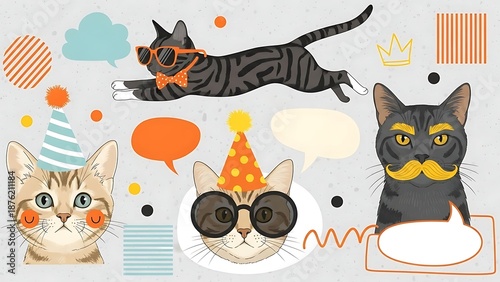 Cute Cats Wearing Glasses and Party Hats with Speech Bubbles.