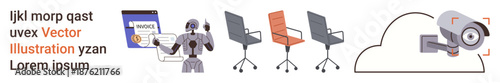 Office automation, AI assistance, digital security, workspace organization, cloud technology, data monitoring. Robot, chairs and cloud camera . AI assistance and digital security clearly