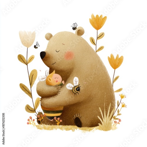 Adorable illustration featuring a bear hugging a smaller figure with bees and flowers