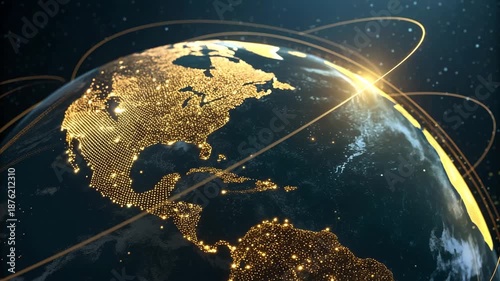 Digital Globe Spinning with Glowing Network Lines Connecting Continents, Global Communication Concept, Cinematic Lighting, Space Background