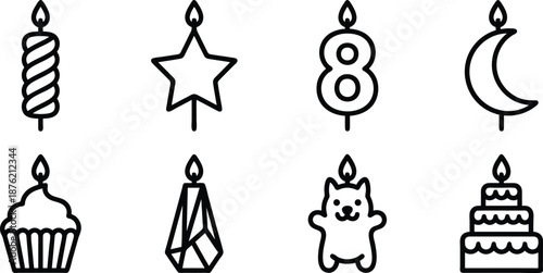 Black line icons of birthday candles in various shapes and designs for celebrations and parties
