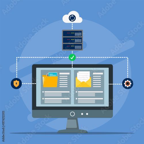 Illustration of cloud data management with secure server infrastructure, showing digital file storage, email handling, system synchronization, and cybersecurity protection for modern IT networks