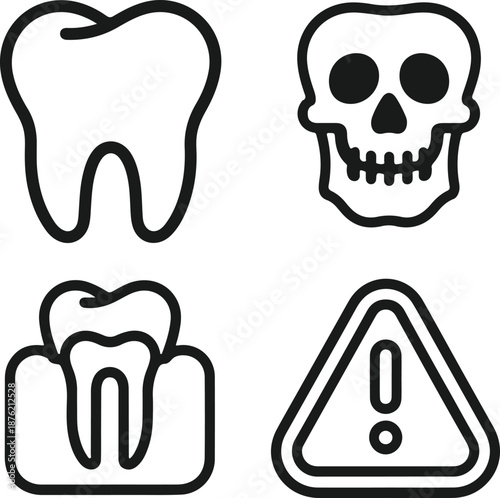 Set of four dental and medical outline icons tooth, skull, gum disease, and warning sign