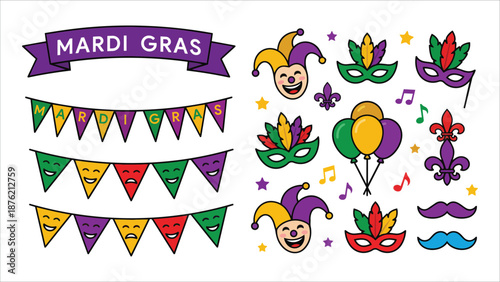 Mardi Gras Party Elements Vector Set Banners Masks Jester Hats Balloons high quality professional detailed modern elegant stylish clean crisp vibrant colorful