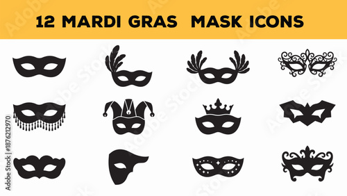 Mardi Gras Masquerade Mask Icons Set Black Silhouette Carnival Masks Vector high quality professional detailed modern elegant stylish clean crisp vibrant colorful