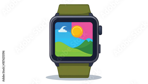 Smartwatch Displaying a Scenic Landscape with Sun and Clouds.