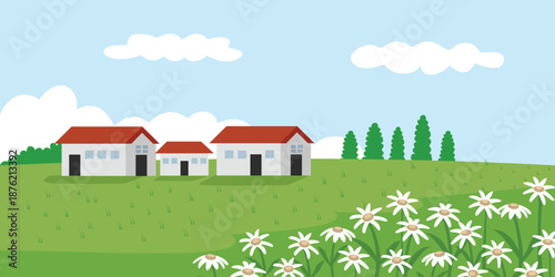 Peaceful Countryside Landscape with Houses and Blooming Daisies. Farmhouse on Hill with Wildflowers