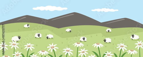 Flat Design Countryside Scene with Grazing Sheep. Sheep on the mountain. Sheep farm. Spring hill