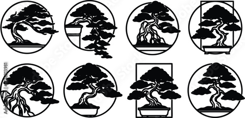 Eight different bonsai tree silhouettes in various shapes and pots  plants and trees