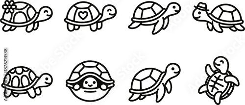 Set of cute cartoon turtles with different expressions and accessories on white background