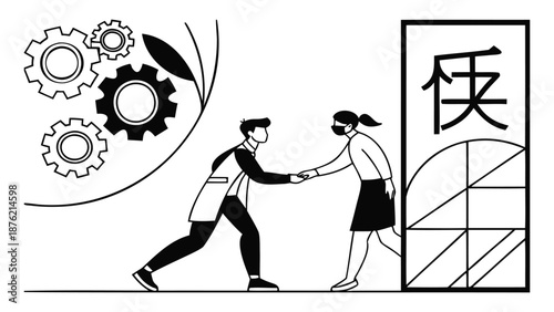 Businesspeople shaking hands in modern office with gear and chart