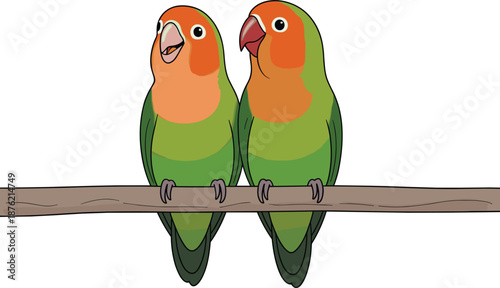 Pair of colorful green and orange lovebird parrots perched on a wooden branch vector illustration