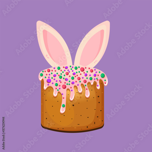 Easter cake decorated with rabbit ears on a light purple background