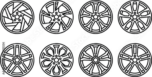 Set of various car wheel designs in black and white  isolated on white background