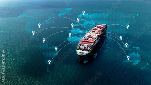 Bild auf Leinwand Aerial top-down view of a large container cargo ship sailing through turquoise ocean waters logistics, transportation and international shipping routes