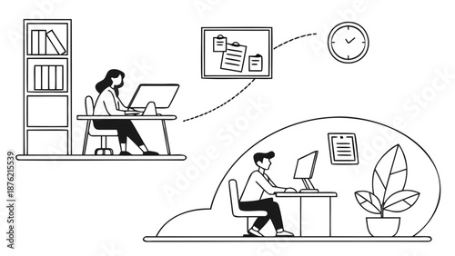 Remote team collaboration with people working on laptops in modern office spaces