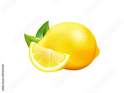 Realistic three dimensional lemon citrus fruit illustration with whole sliced pieces and leaf isolated for food packaging freshness branding nutrition and advertising design