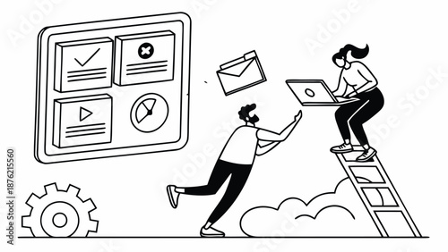 Two business professionals working together with technology and communication tools