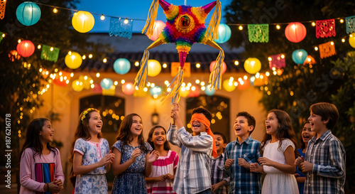 Children breaking a colorful star piata during a festive outdoor